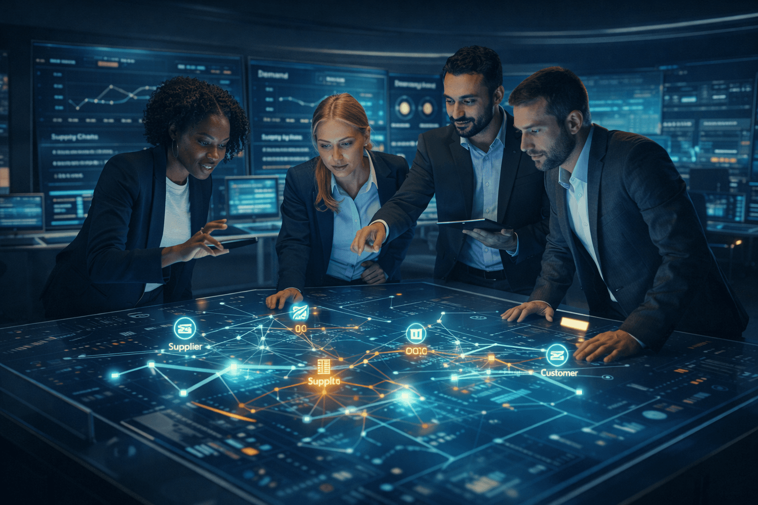 Team collaborating in a digital operations studio